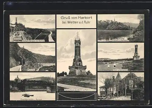 AK Wetter / Ruhr, Harkortturm auf dem Harkortberg, Eisenbahnbrücke und Ruhrtal