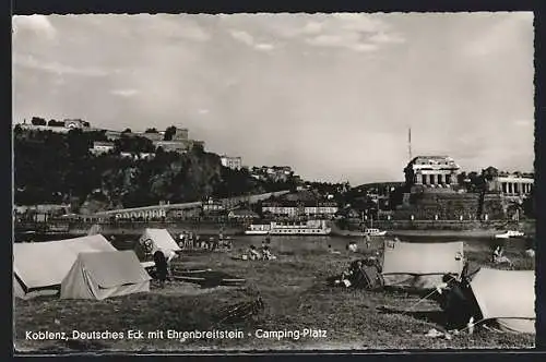 AK Koblenz, Deutsches Eck mit Ehrenbreitstein, Camping-Platz