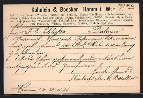 AK Hamm i. W., Korrespondenzkarte der Firma Kühnlein & Boecker