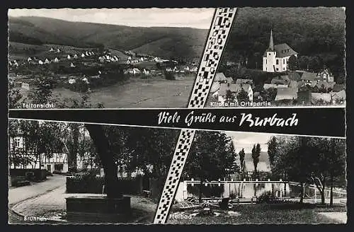 AK Burbach /Krs. Siegen, Kirche mit Ortspartie, Freibad, Brunnen