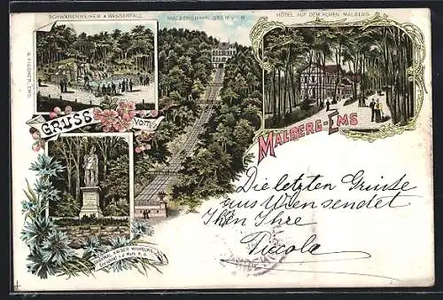 Lithographie Malberg-Ems, Schwanenweiher & Wasserfall, Hotel auf dem hohen Malberg