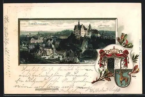 Passepartout-Lithographie Sigmaringen, Ortsansicht aus der Vogelschau mit Wappen