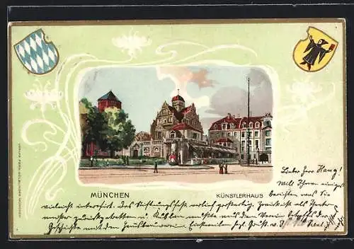 Passepartout-Lithographie München, Partie am Künstlerhaus, bayr. und Münchener Wappen