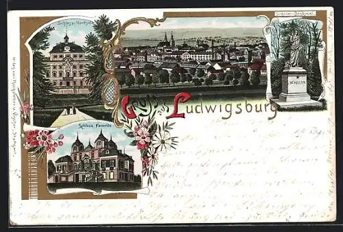 Lithographie Ludwigsburg / Württ., Schloss-Nordseite, Schloss Favorite, Schiller-Denkmal