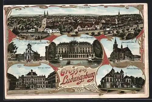 Lithographie Ludwigsburg / Württ., Dreifaltigkeitskirche, Schloss Monrepos, Garnison-Kirche