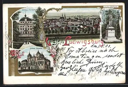 Lithographie Ludwigsburg, Schloss Favorite, Gesamtansicht, Schillerdenkmal