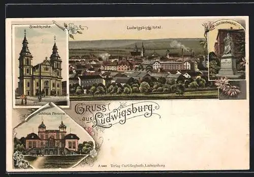 Lithographie Ludwigsburg / Württ., Stadtkirche, Schloss Favorite, Schiller-Denkmal, Totalansicht