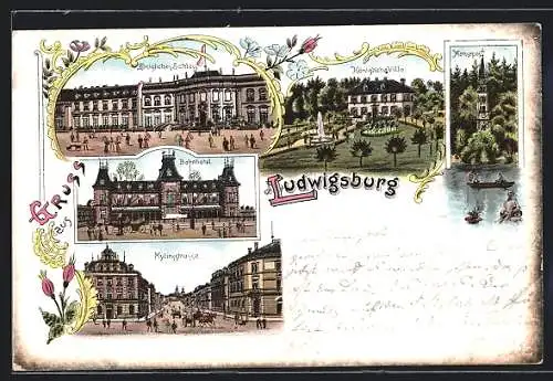 Lithographie Ludwigsburg / Württ., Mylinsstrasse, Bahnhotel, Königliches Schloss, Königliche Villa, Monsepost