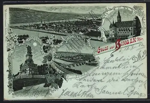 Mondschein-Lithographie Bingen a. Rhein, Rochuskapelle, Nationaldenkmal a. d. Niederwald, Drususbrücke