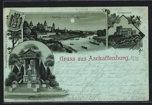 Mondschein-Lithographie Aschaffenburg, Neuer Ludwigs-Monumental-Brunnen, Pompejanum