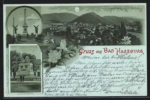 Mondschein-Lithographie Bad Harzburg, Bismarckstein, Kriegerdenkmal, Gesamtansicht aus der Vogelschau
