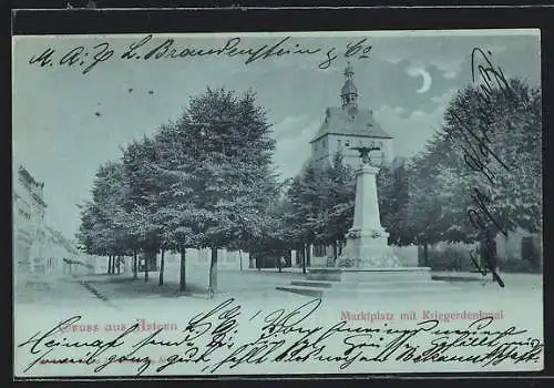 Mondschein-AK Artern, Marktplatz mit Kriegerdenkmal