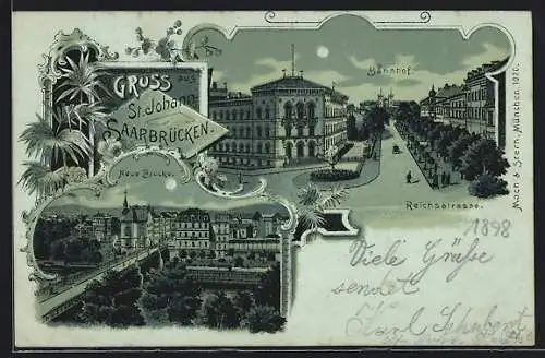 Mondschein-Lithographie St. Johann /Saarbrücken, Reichsstrasse mit Blick zum Bahnhof, Neue Brücke