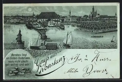 Mondschein-Lithographie Konstanz, Raddampfer Kaiser Wilhelm mit Blick auf die Stadt