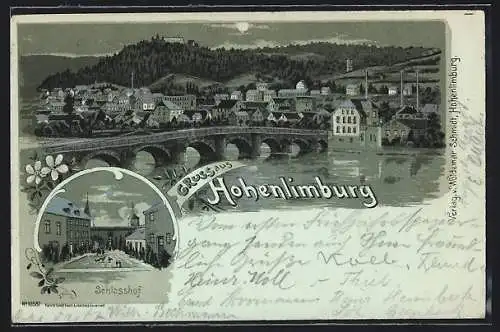 Mondschein-Lithographie Hohenlimburg, Schlosshof, Gesamtansicht am Fluss