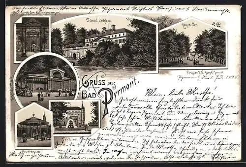Vorläufer-Lithographie Bad Pyrmont, 1895, Hauptallee, Brunnenquelle, Brunnenplatz, Helenenquelle, Fürstl. Schloss