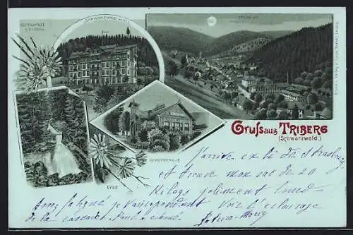 Mondschein-Lithographie Triberg /Schwarzwald, Hotel, Gewerbehalle, Wasserfall, Gesamtansicht im Tal