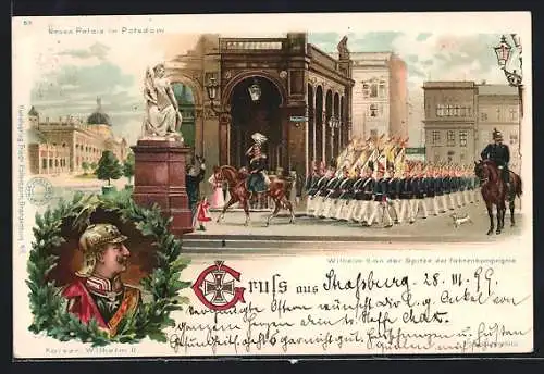 Lithographie Potsdam, Neues Palais, Wilhelm II. an der Spitze der Fahnenkompagnie, Kaiserportrait