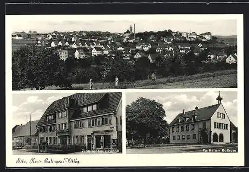 AK Bitz /Balingen, Zigarrenhaus Rudolf, Rathaus, Gesamtansicht