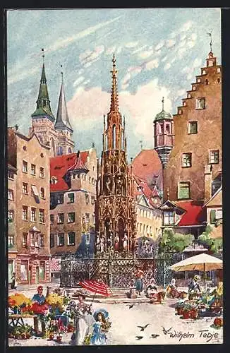 Künstler-AK Nürnberg, Hauptmarkt mit Brunnen