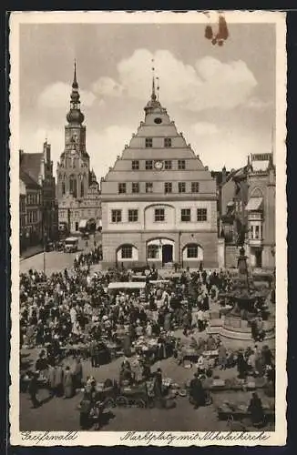 AK Greifswald, Marktplatz mit Nikolaikirche am Markttag