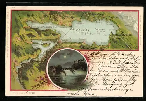 Lithographie Lindau / Bodensee, Landkarte mit Bregenz, Konstanz und Mainau, Rheinfall