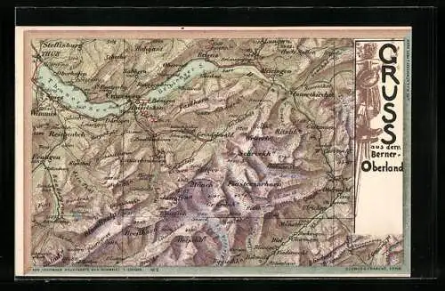 AK Interlaken, Landkarte mit Thuner- und Brienzersee und Umgebung
