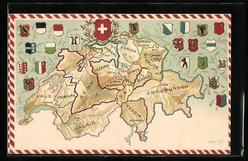 AK Landkarte der Schweiz mit eingezeichneten Kantonen und Wappen