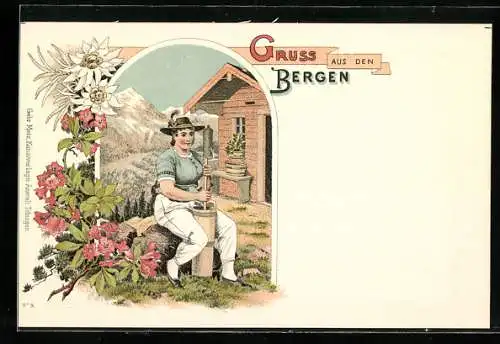 AK Gruss aus den Bergen, Frau mit einem Stossbutterfass