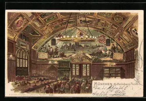 Künstler-AK T.Guggenberger: Münchner Hofbräuhaus, Saal mit Wandbildern