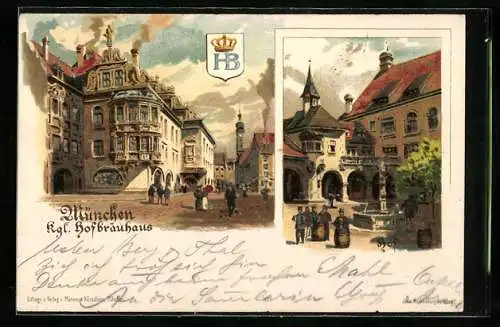 Lithographie München, Kgl. Hofbräuhaus mit Passanten