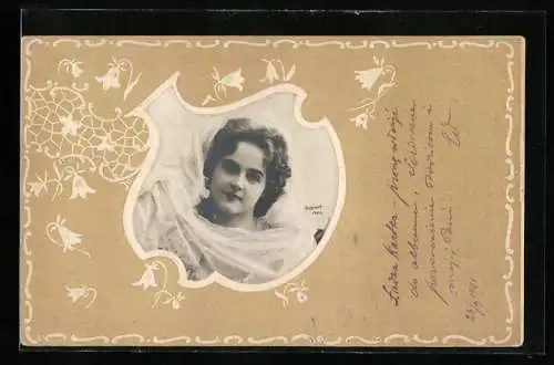 Foto-Collage-AK Junge Frau mit weissem Schleier