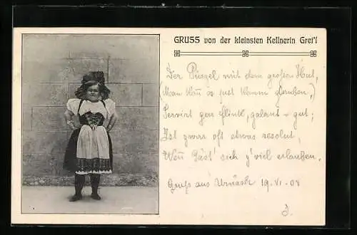 AK kleinste Kellnerin der Welt - Gret`l, Tracht, Lilliputanerin