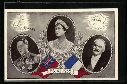 AK König und Königin von England und Präsident von Frankreich, Portraits neben den Hauptstädten