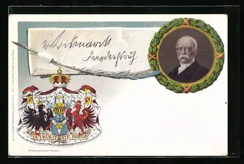 Künstler-AK Portrait von Bismarck mit Wappen