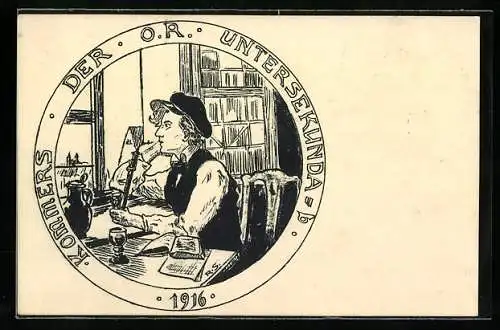 AK Student sitzt mit Tabakspfeife am Tisch, studentische Szene