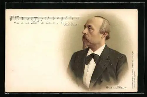 Lithographie Portrait Hans von Bülow mit einem Dante-Sonett