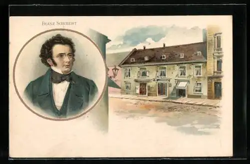 AK Portrait Franz Schubert, Ortsansicht