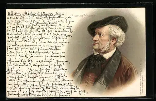 Lithographie Porträt Richard Wagner mit Dürer-Mütze im Halbprofil