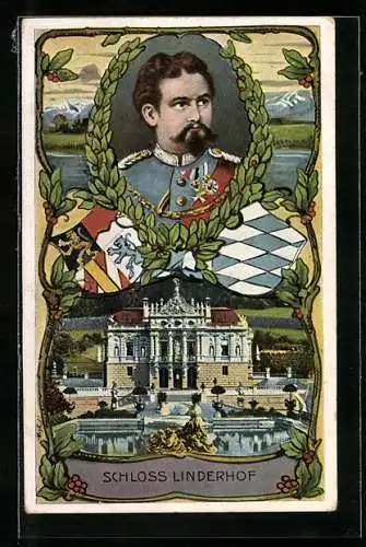 AK Schloss Linderhof, Uferlandschaft, Ludwig II.