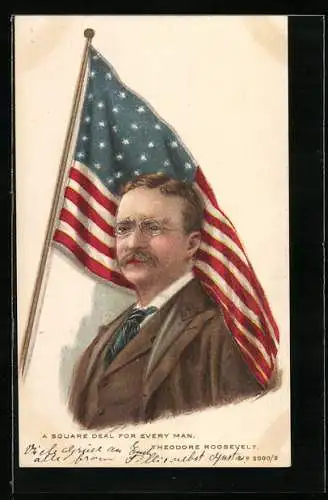 AK Präsident der USA Theodore Roosevelt mit amerikanischer Flagge