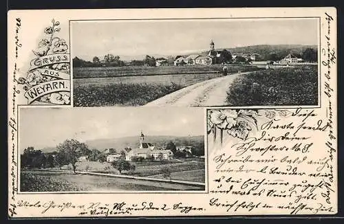 AK Weyarn, Teilansicht mit Kirche und Landstrasse