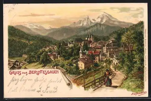 Lithographie Berchtesgaden, Teilansicht mit Kirche