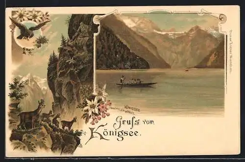 Lithographie Königsee / Berchtesgaden, Ansicht vom Malerwinkel gesehen, Gamswild und Adler in den Bergen