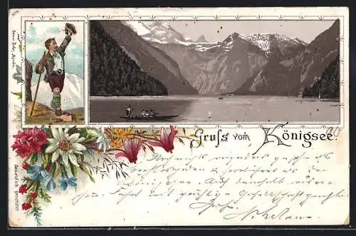 Passepartout-Lithographie Königsee / Berchtesgaden, Boot auf dem See, Bergsteiger, Alpenblumen
