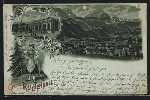 Mondschein-Lithographie Reichenhall, Teilansicht, Colonnaden, Frau in Tracht