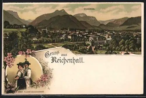 Lithographie Bad Reichenhall, Ortspanorama, Frauen in Trachten