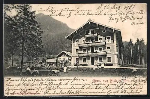 AK Ruhpolding, Gasthaus Fritz a. Sand, Pferdegespann