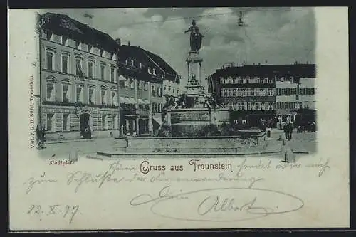 Mondschein-AK Traunstein, Stadtplatz mit Brunnen