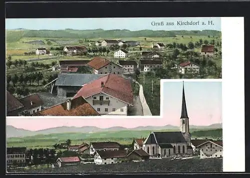 AK Kirchdorf a. H., Teilansicht aus der Vogelschau, Ortspartie mit Kirche